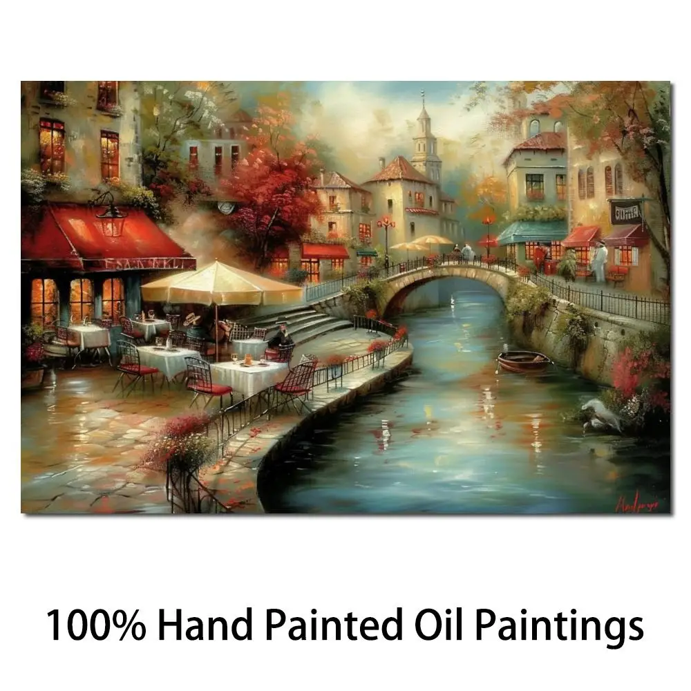 

Wall Art Venice Landscape Artwork Oil Canvas Painting Riverwalk Cafe Hand Painted Beautiful Coastal Architecture for Office Wall