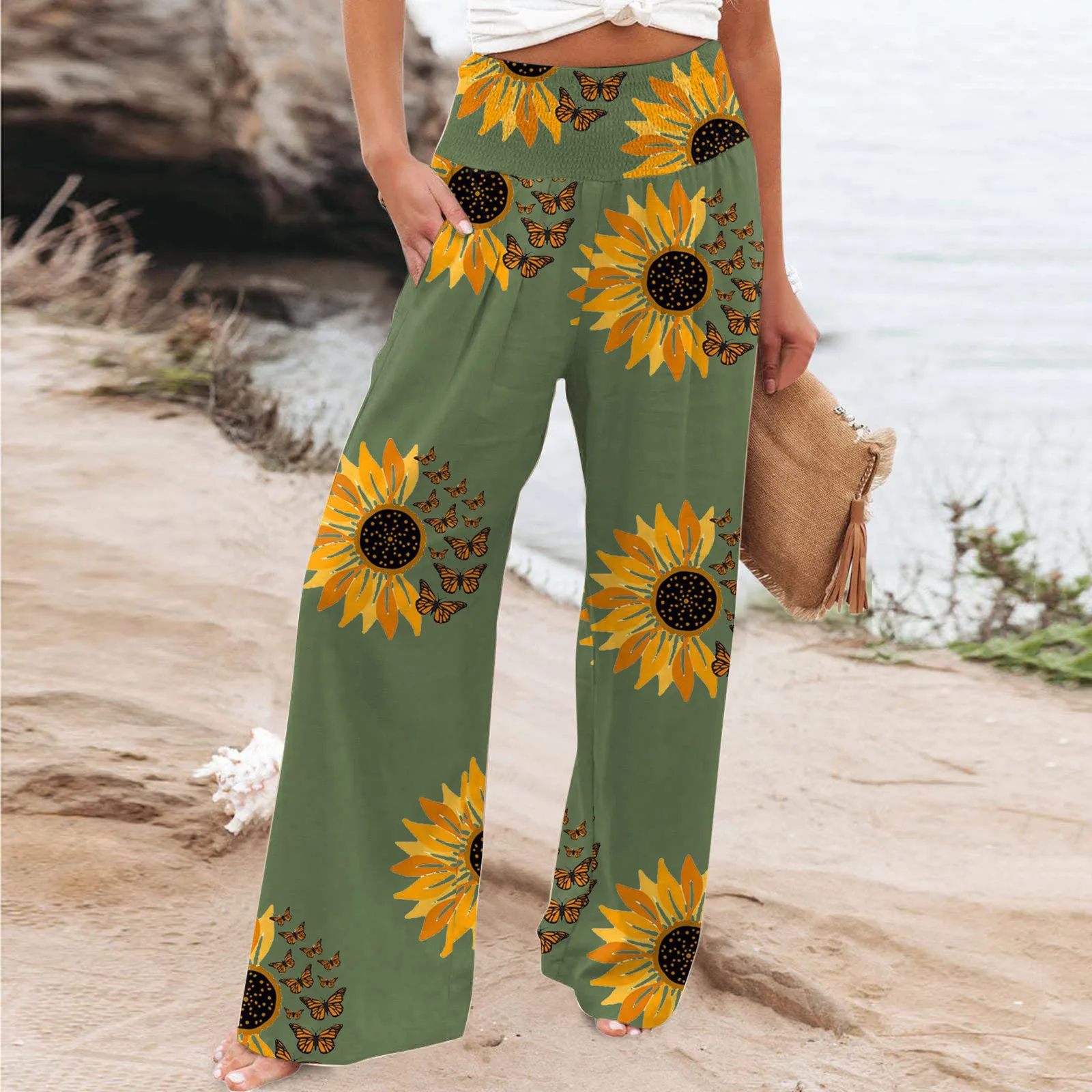 Sunflower Print Pants Long Wilde Trousers Smocked Vintage Beach