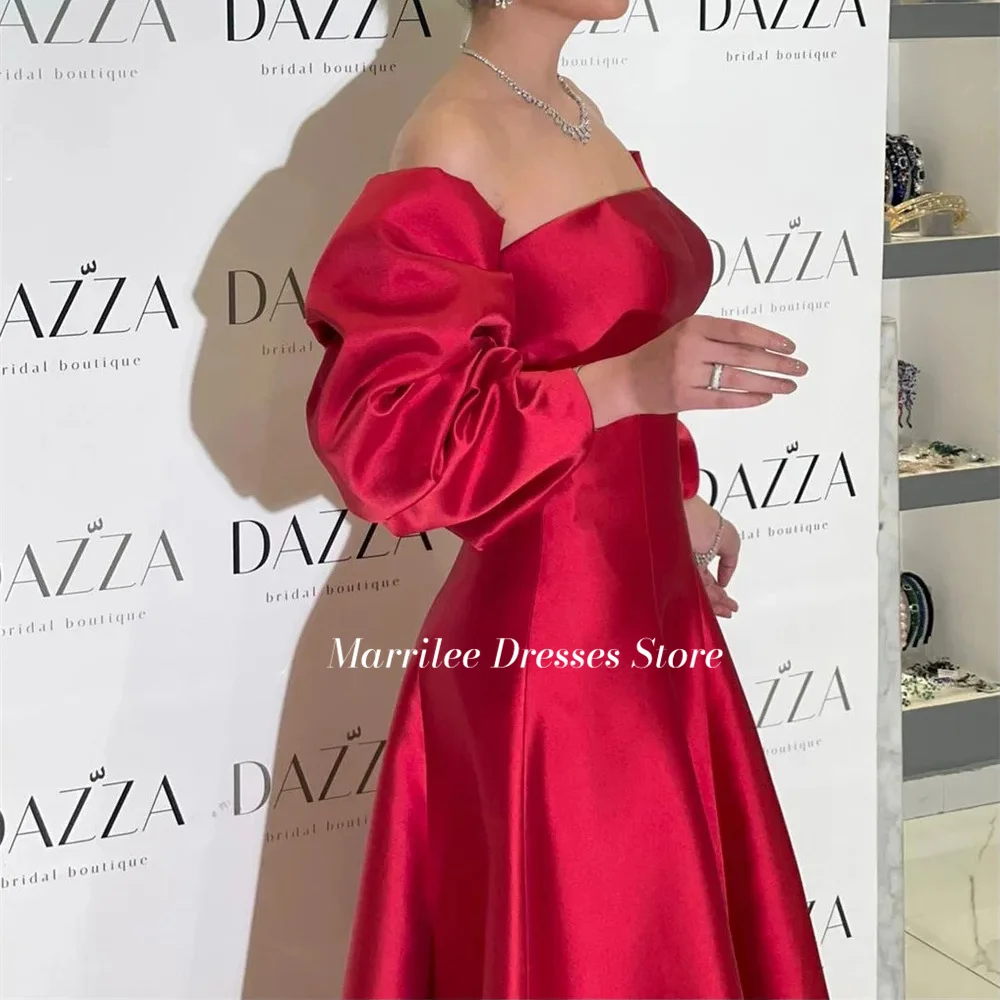 Marrilee Red Off Shoulder Satin Party Evening Dress Elegant Puffy Sleeves A-line Strapless Floor Lengh Back With Bow Prom Gowns evening dresses