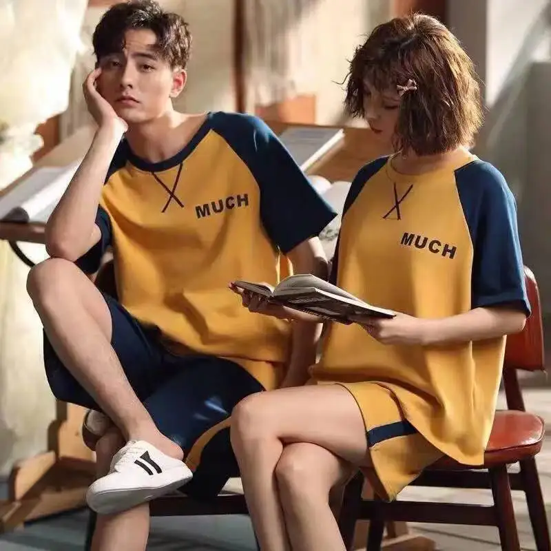 Couple Sleepwear Men Women Cotton Pajamas Set Short Sleeve Pullover Shorts Summer Pajamas Loungewear Loose Kawaii Clothes 2Pcs