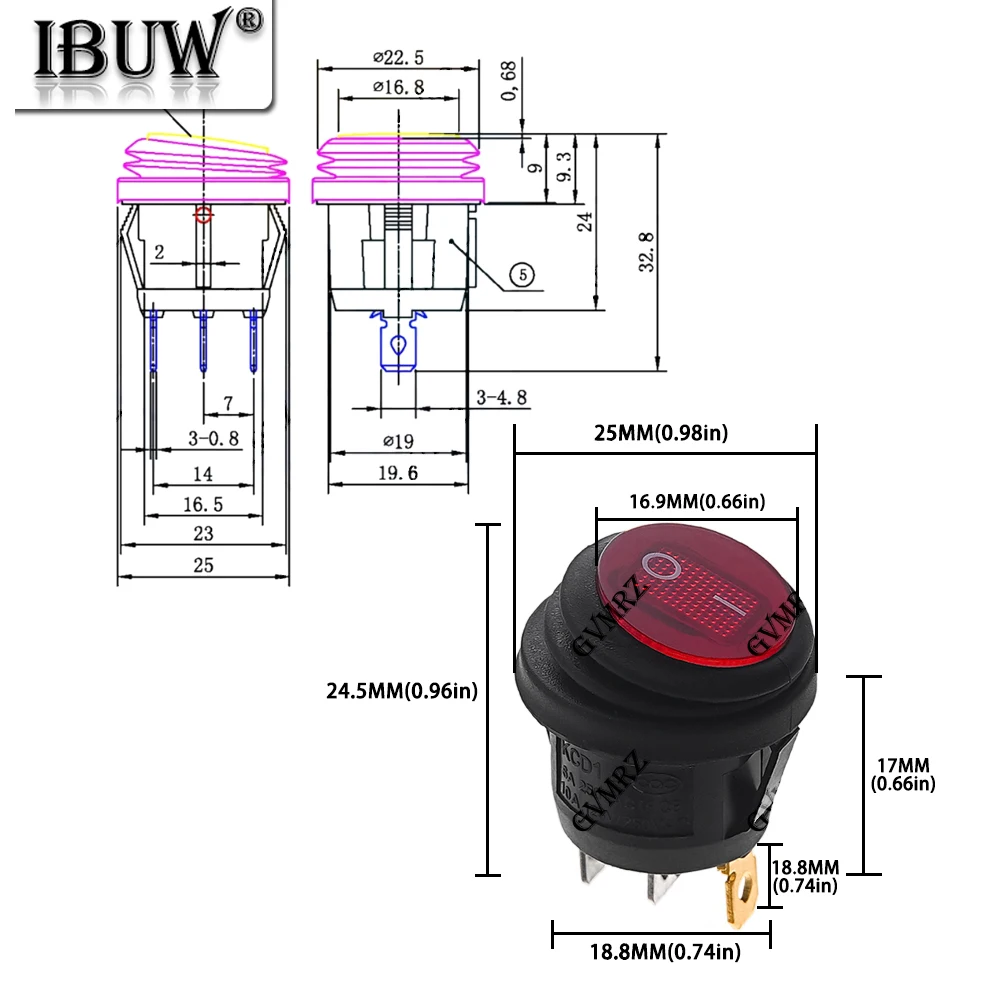 1PCS KCD1 SPST 3핀 로커 스위치 6A 10A 250V 125V AC LED 온오프 방수 차량 보트 스위치 라운드 스위치 KCD1