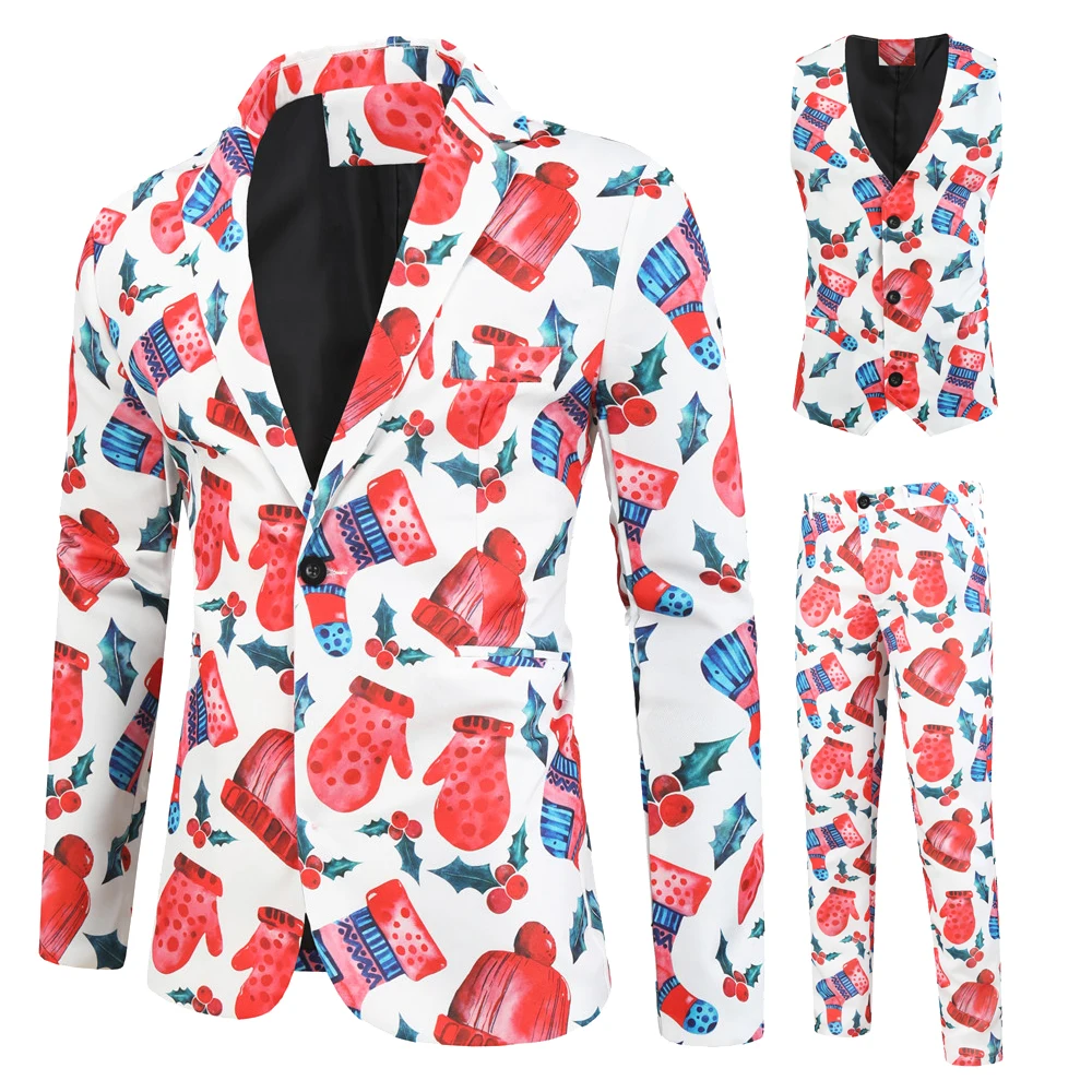 thumbnail image 1 of Traje de 3 piezas para fiesta de Navidad para hombre, traje de corte Regular con copos de nieve, sombrero de Papá Noel, chaqueta estampada, chaqueta, pantalones, chaleco, uniforme para niños para Navi, 1 of 5