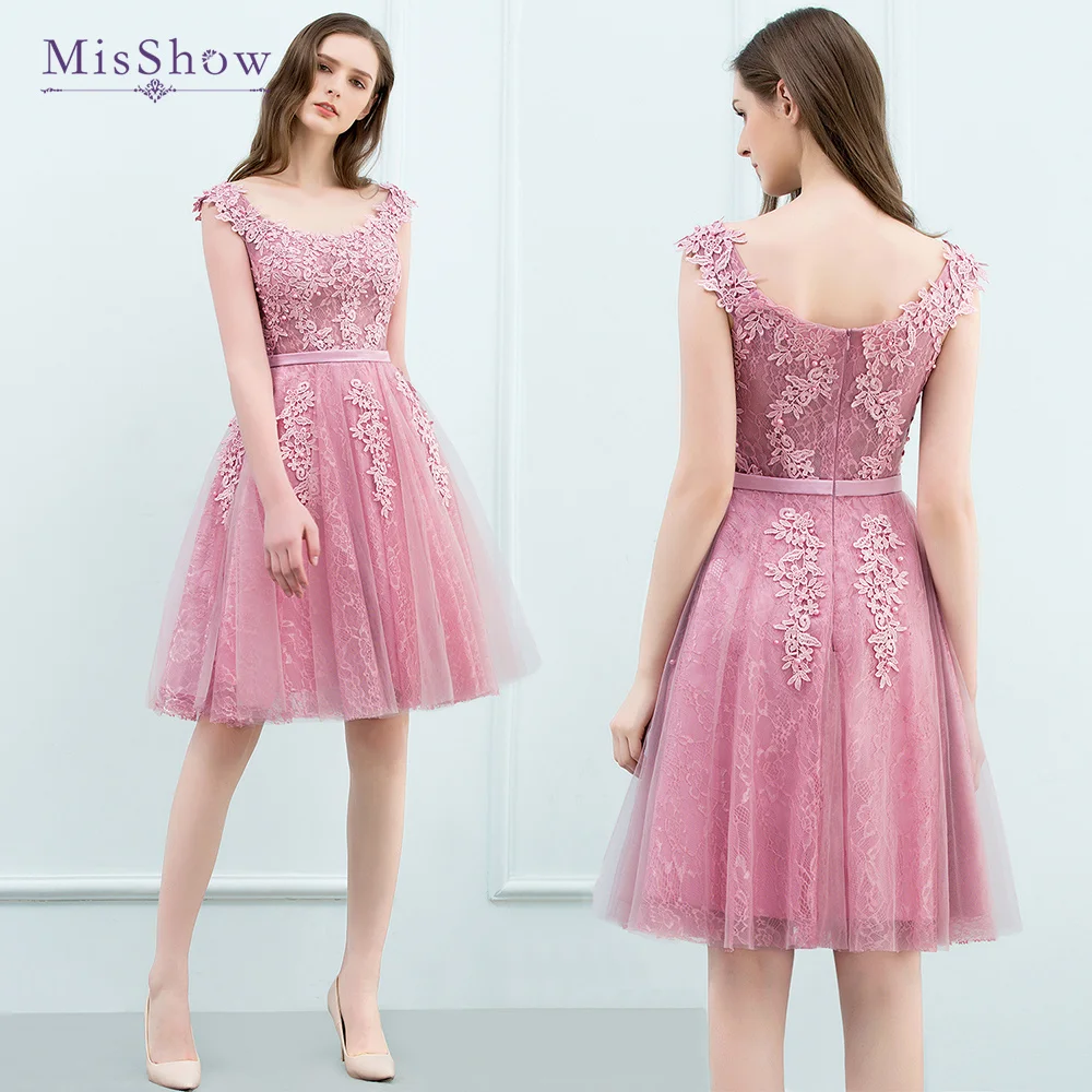 

MisShow Short Bridesmaid Dresses Women 2024 Appliques Beaded A-line Lace Formal Prom Evening Gowns for Wedding Party Homecoming