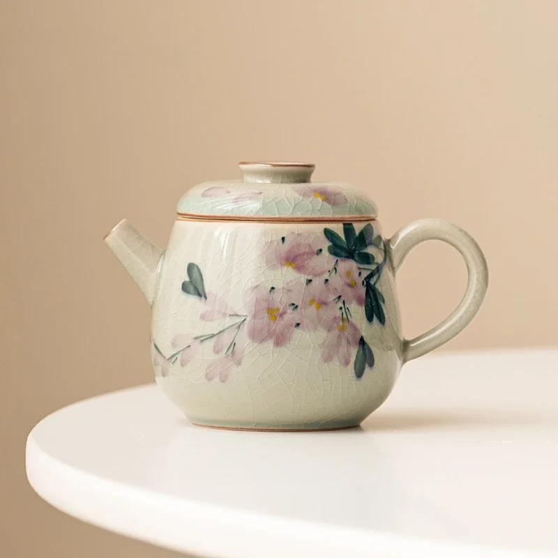 

180ml Pure Hand Painted Magnolia Teapot Ancient Borneol Glaze Pot Household Tea Brewing Kettle with Strainer Cha Supplies Gift