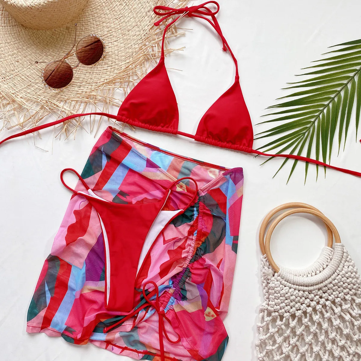 3 Piece Sets Womens Fashion Swimsuit Women Bikinis Set Beach Style Womens Swimsuits High Waist Floral Brazilian Bikini