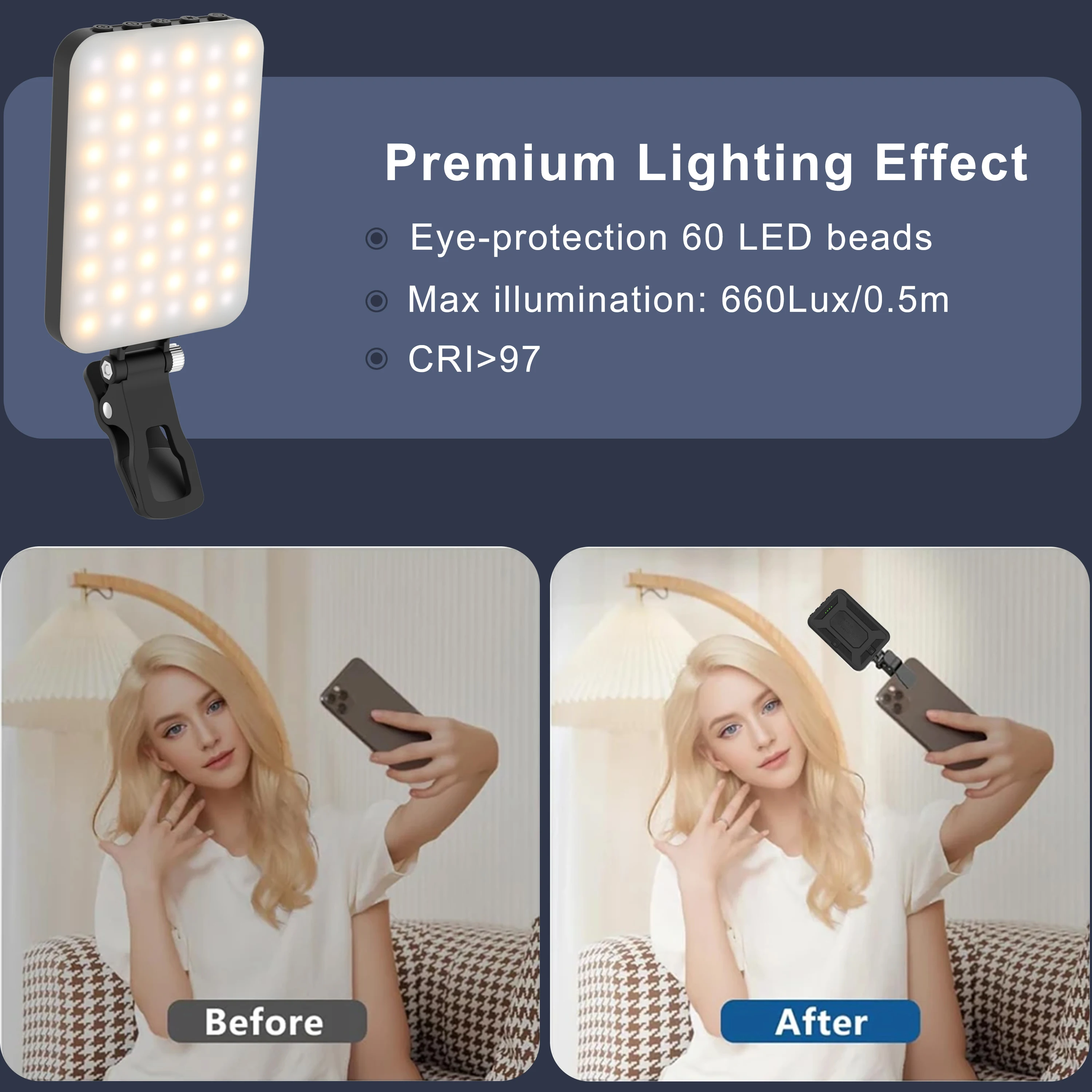60 LED Video Light Fill Light Rechargeable 2500 MAh Ajusted 3 Modes CRI95 Portable Mini Selfie 2500-9000K