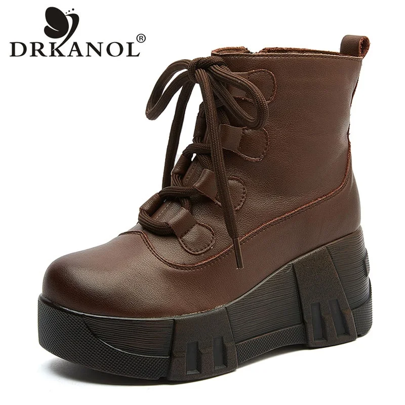 

DRKANOL 2023 Autumn Winter Plush Warm Boots Women Handmade Retro Genuine Leather Wedges Height Increasing Platform Ankle Boots