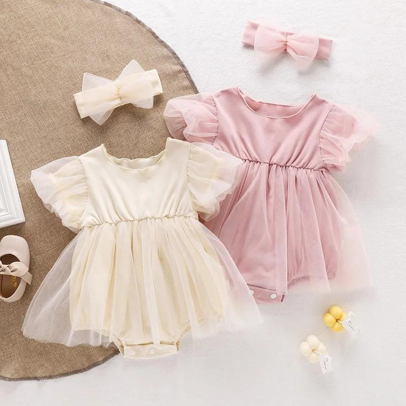 

Princess Baby Girl Clothes Puff Short Sleeve Solid Color Mesh Tutu Skirted Romper Jumpsuit Headband 2PCS Party Outfits Summer