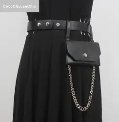 Punk Belt 2022 Fashion Women Spring Summer New Metal Chain Waist Bag High Street Designer Mini Square Bag Black Belt
