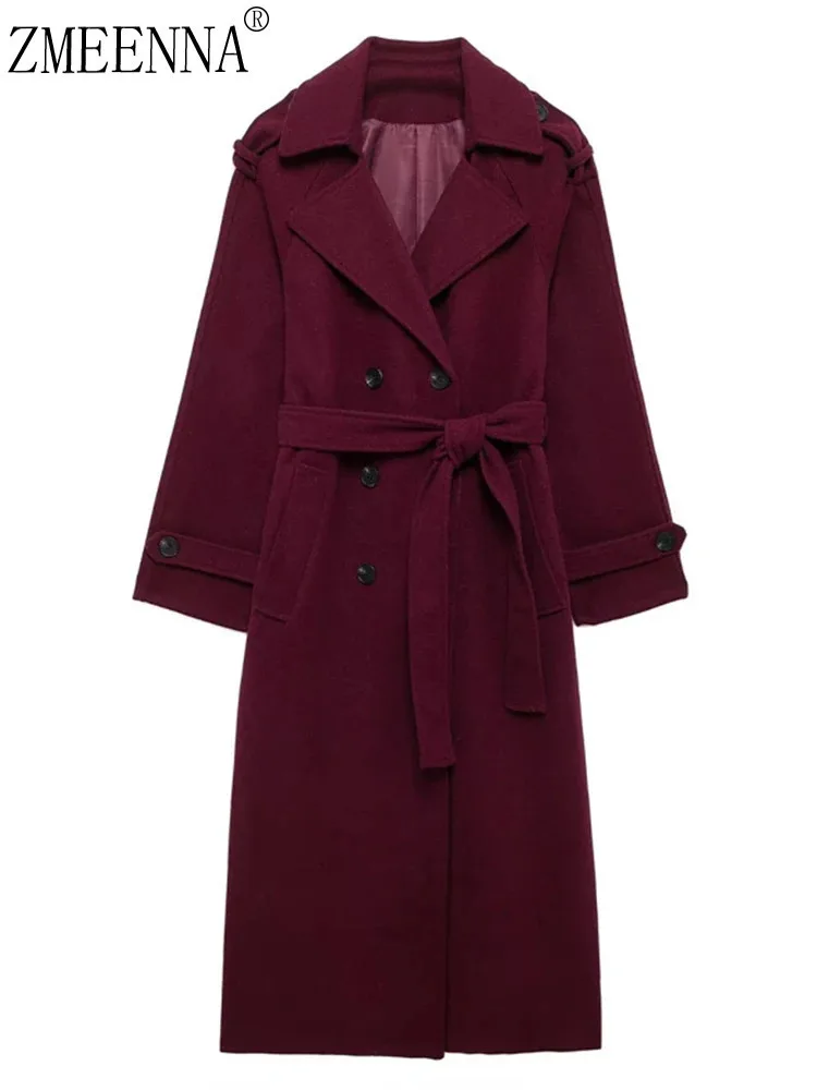 ZMEENNA Wine Red Big Size Long Woolen Coat New Lapel Long Sleeve Lace-up Loose Women Jacket Fashion Tide Autumn Winter2024 ZM562