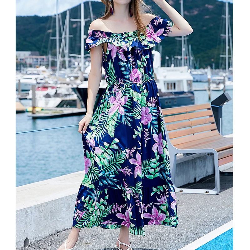 Summer Plus Size by the Seaside Beach Off Shoulder Plant Flowers Print One Word Collar Short Sleeve Sweet Ruffles Long Dresses