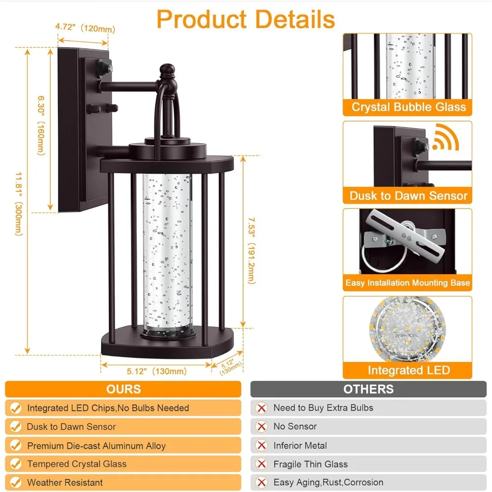 2 Pack Dusk to Dawn Exterior Lighting Fixtures, 10W LED Modern Outdoor Wall Lights Sconce with Crystal Bubble Glass 6