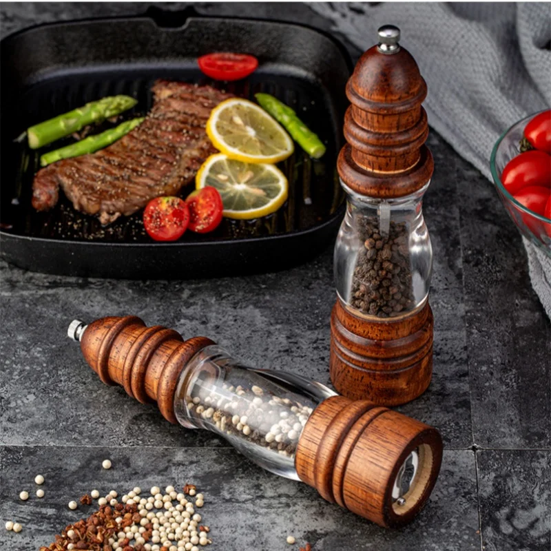 1pcs 8inch Classical Manual Oak Wood Salt and Pepper Grinder Spice Grinder Handheld Pepper Mills for Household Kitchen Tools