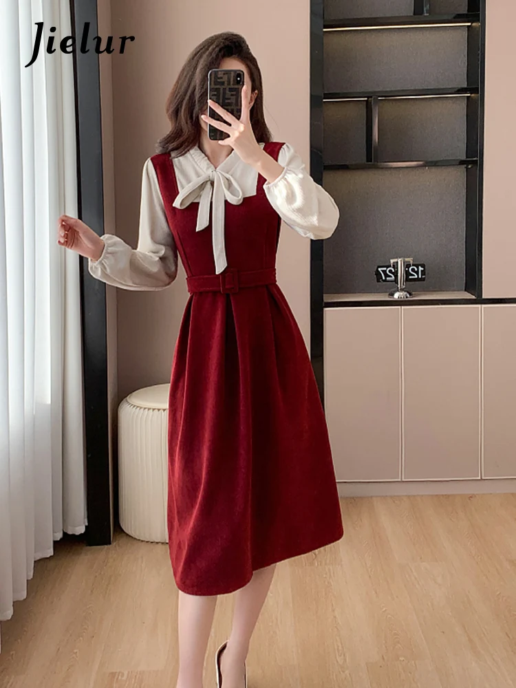 

Jielur Spring New Contrast Color Slim Chic Woman Dress Sweet Elegant Ladies Fashion Women Dress Black Red A-line Dresses Female