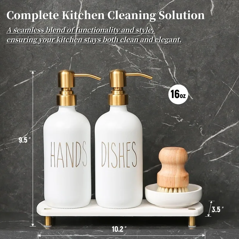 Gold Soap Dispenser Set Comes with Stainless Steel Pumps Instant Dry Tray and Dish Scrub Brush Suitable for Kitchen Decor 2