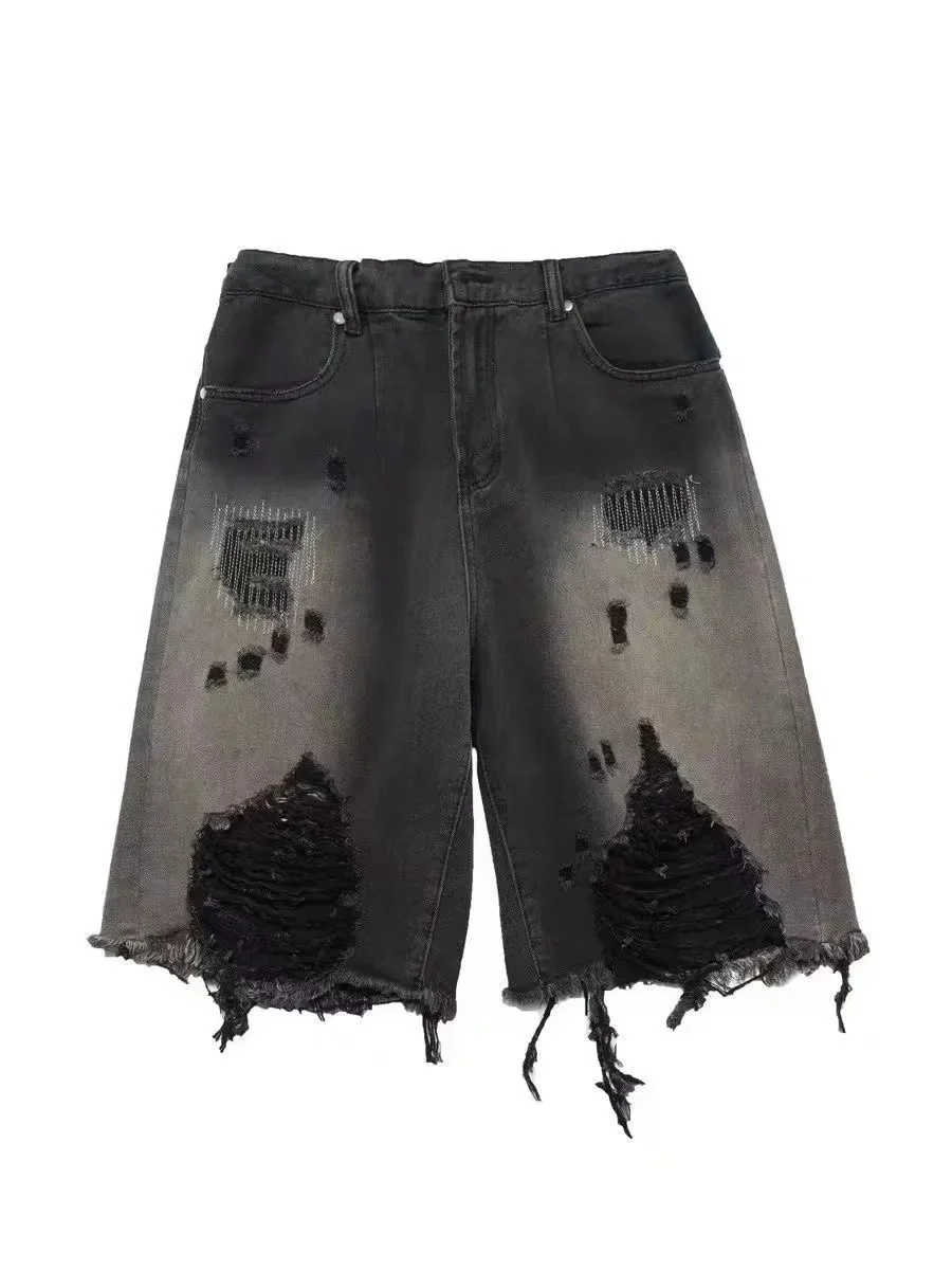 American High Street Washed Gradient Women Ripped Retro Old Size Denim Loose Shorts Baggy Jeans Women