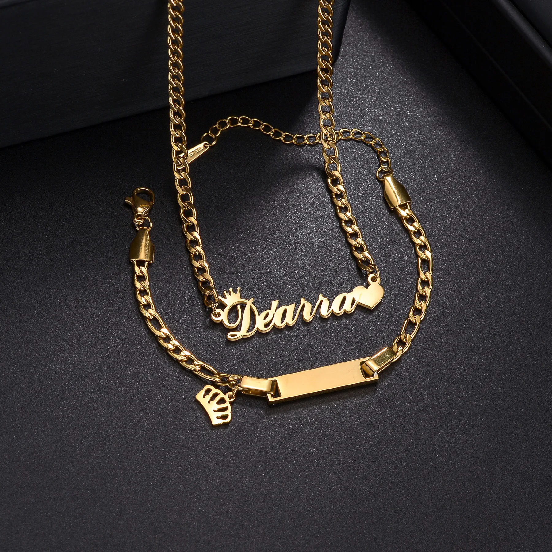 Akizoom Engrave Name 45cm Necklace Punk Custom Bracelet Stainless Steel Jewelry Set for Woman Cuban Chain for Man Birthday Gift - Image 4