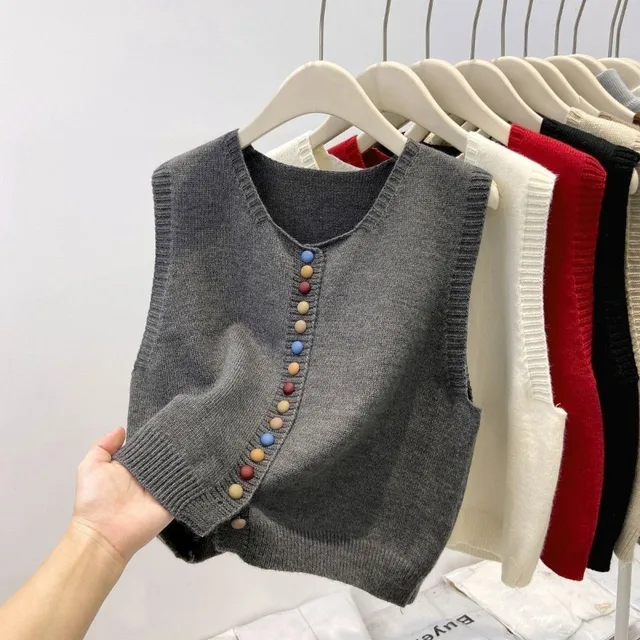 Sweater Vest Autumn Women Rainbow Single-breasted Button Soft Sweater Loose Knit Vest V-neck Knitwear Cardigan Lady Waistcoats
