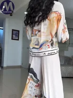 2 Pieces Set for Woman Summer New Elegant Casual  Printed Lantern Sleeves Shirt Tops Suits Fashionable Loose Wide Leg Pants Sets - Image 6