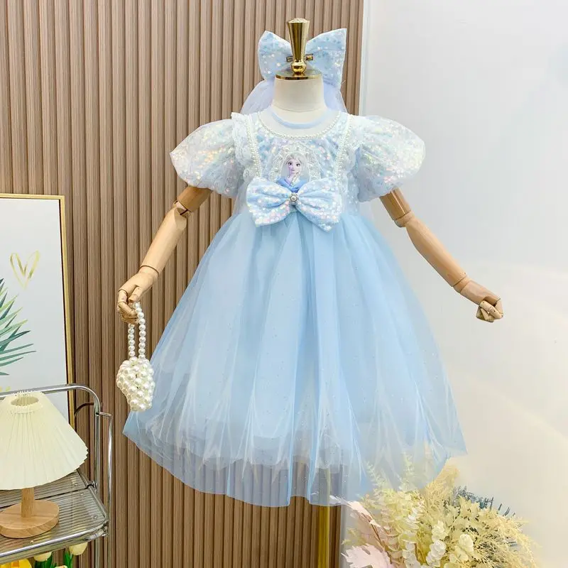 

Disney Girls Princess Dress Snow Queen Elsa Kids Sequins Dresses Halloween Party Carnival Children Cosplay Dress with Bow