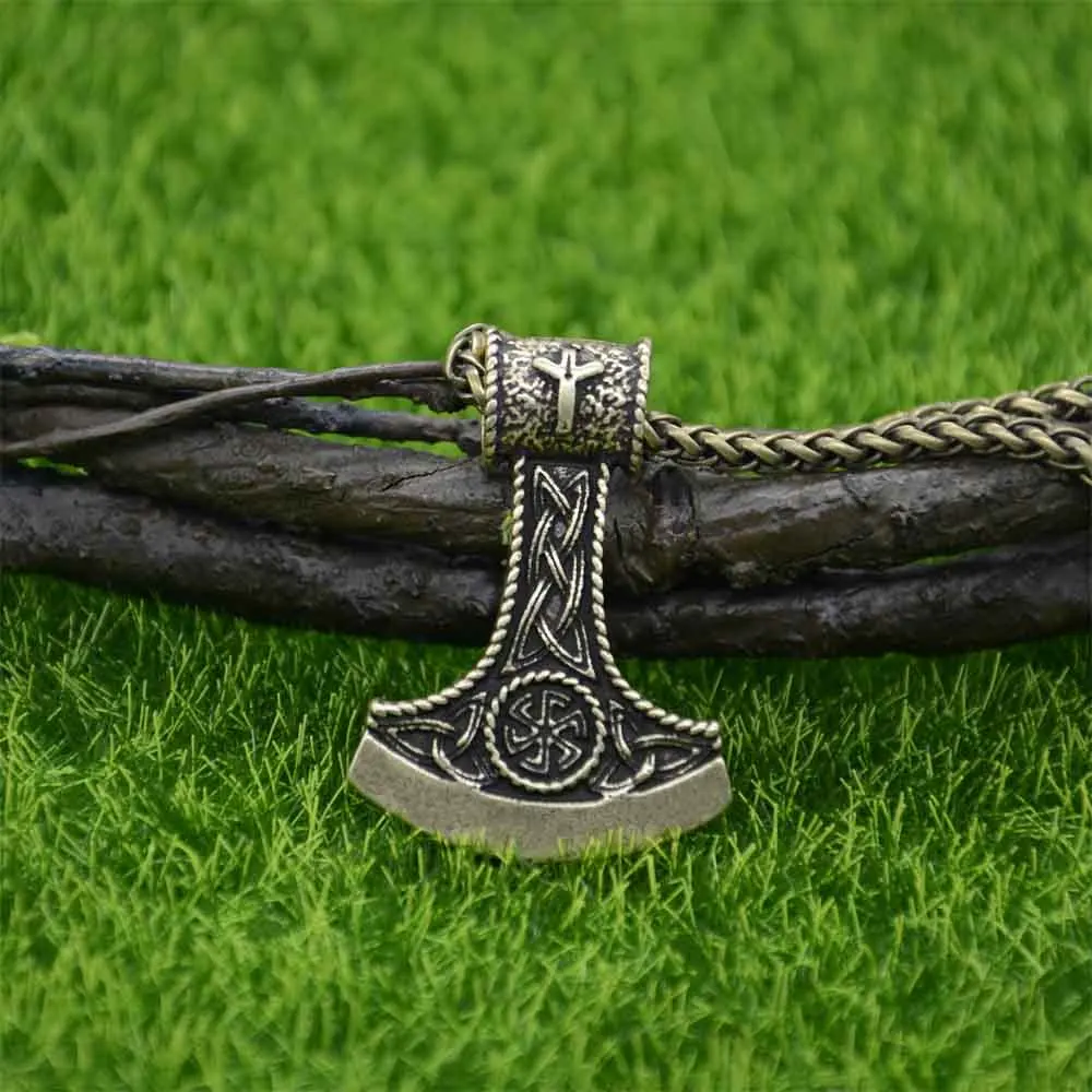 Nostalgia Slavic Symbol Perun Axe With Kolovrat Pendant Trinity Viking Rune ALGIZ Scandinavian Norse Vintage Necklace