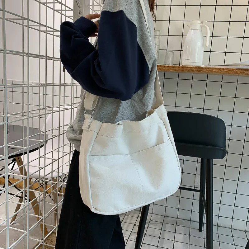 

Canvas Bag Large Capacity Solid Color Shoulder Bag Messenger Bag Shopping Bag Foldable Handbag Ladies Eco Crossbody