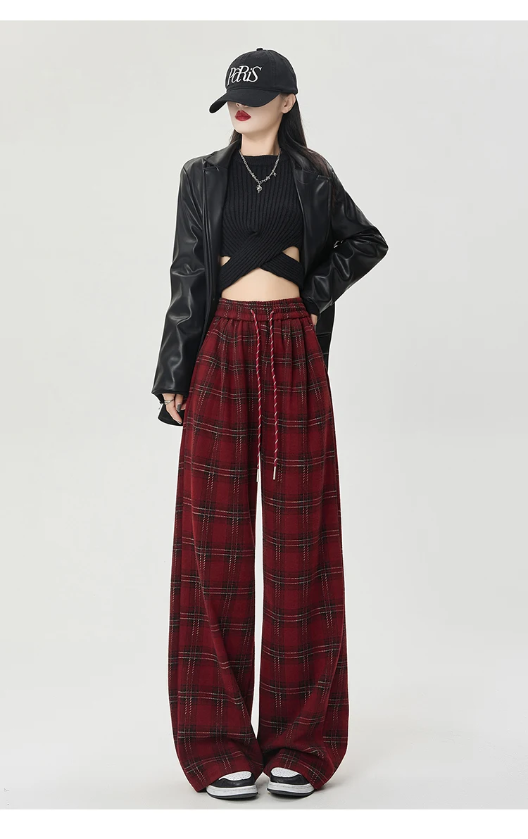 Winter Vintage Chic Kordelzug Lose Gerade Frauen Hosen Neue Plaid Kontrast Farbe Volle Länge Mode Weibliche Breite Bein Hosen – Detail 38