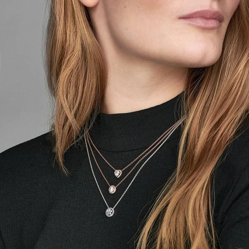 New Women's Necklace Pav é Dense Set Sparkling Zircon Round Necklace% 925 Sterling Silver Fashion DIY Charm Jewelry Gift
