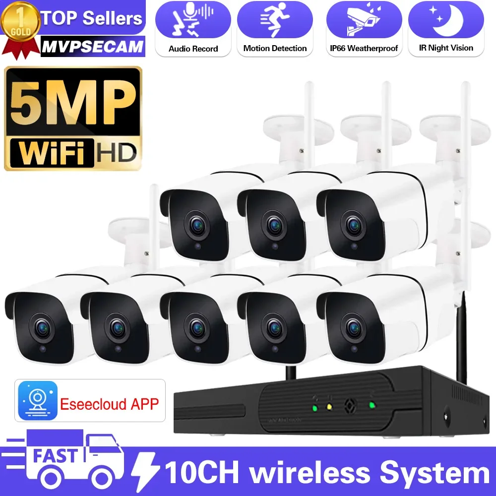 

5MP 10CH Wireless CCTV System 1920P Outdoor Waterproof Wifi IP Security Camera Audio Record P2P Video Surveillance Kit