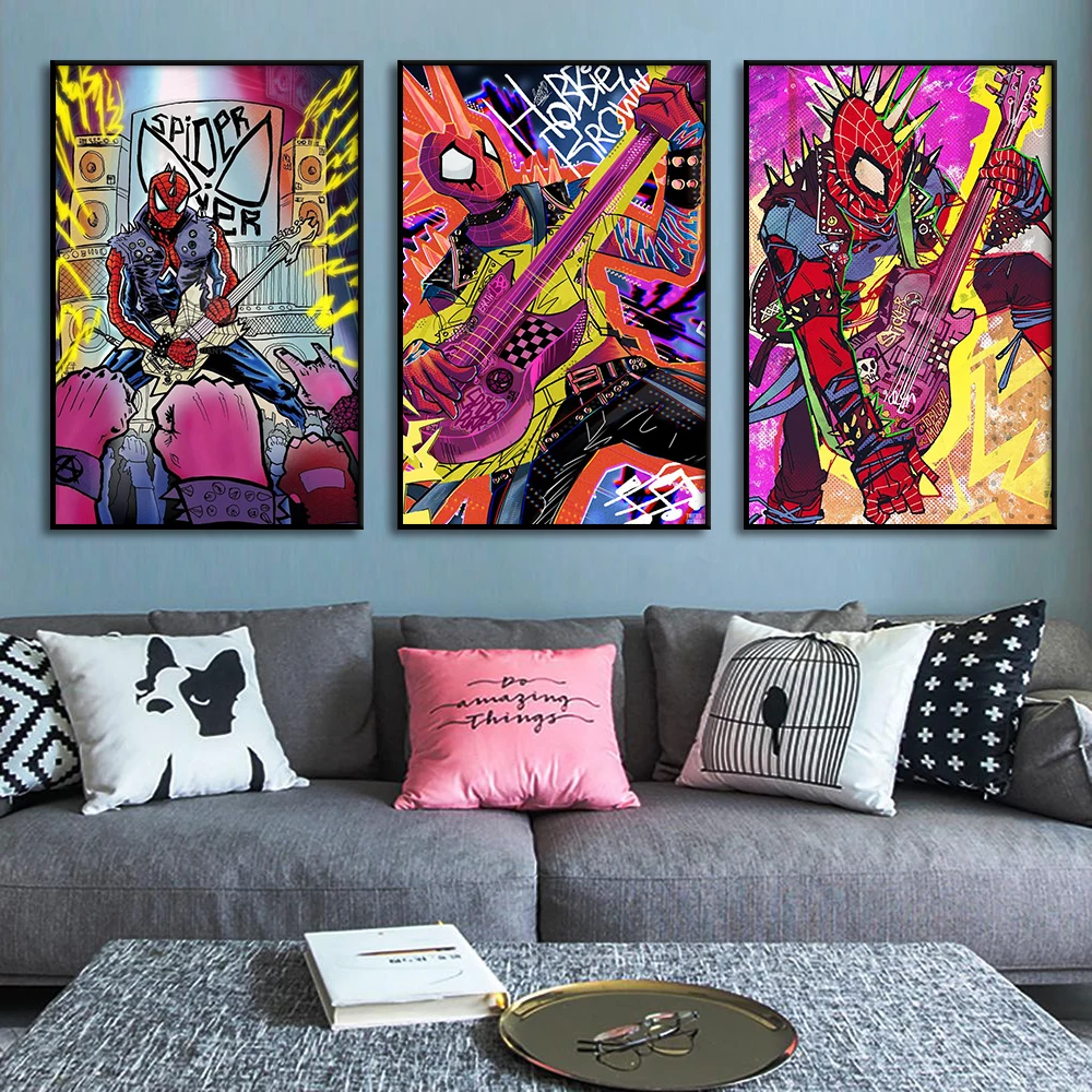 

Punk Spiderman Play Guitar Painting Print Canvas Poster Graffiti Wall Art Abstract Pictures for Living Room Home Decor Cuadros