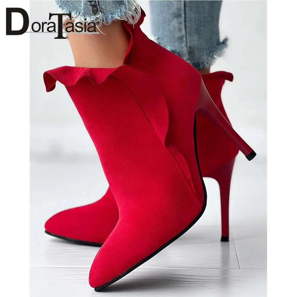 

Big Size 43 New Female Pointed Toe Ankle Boots Flounce Zip Thin High Heels women's Boots Party Sexy Spring Autumn Woman Shoes