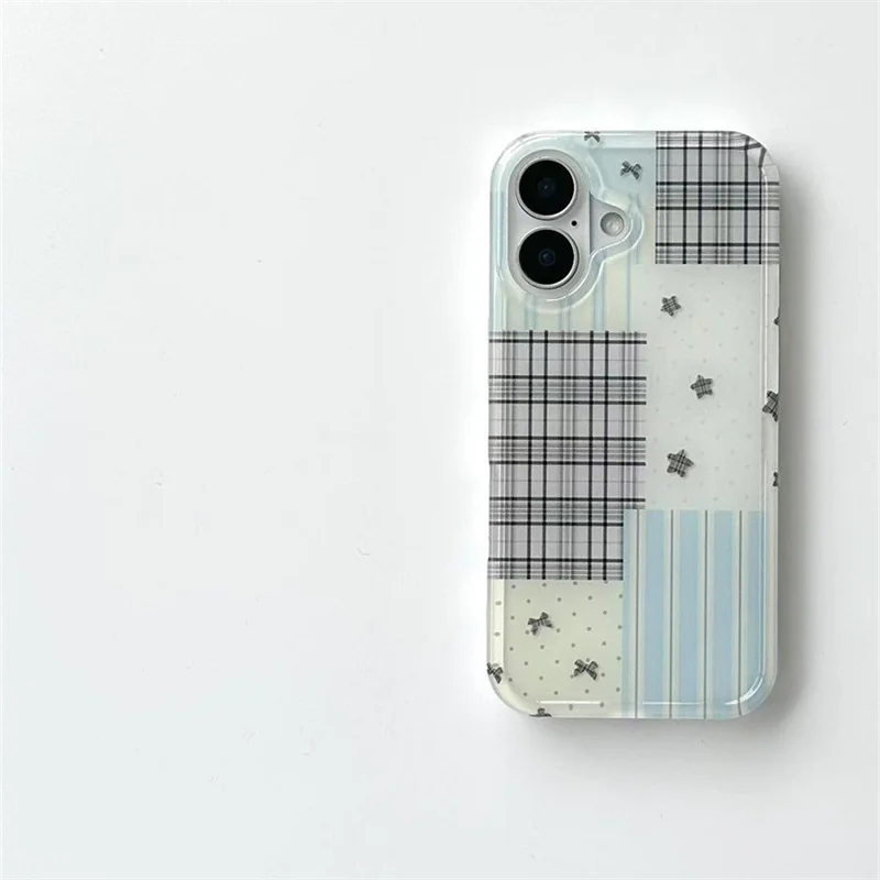 Elegant Double-Layer Blue Stripe Polka Dot Star Phone Case with White Background