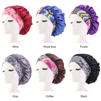 Multifunction Printed Women Satin Sleeping Hat Bonnet Hair Care Wide-brimmed Elastic Band Chemo Cap Headwear Hair Accessories 1