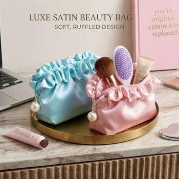 Borsa da Viaggio per Cosmetici da Donna, Grande Capacità, in Raso di Seta, Pochette per Trucchi Effetto Nuvola, Borsa Portatile per Prodotti Skincare
