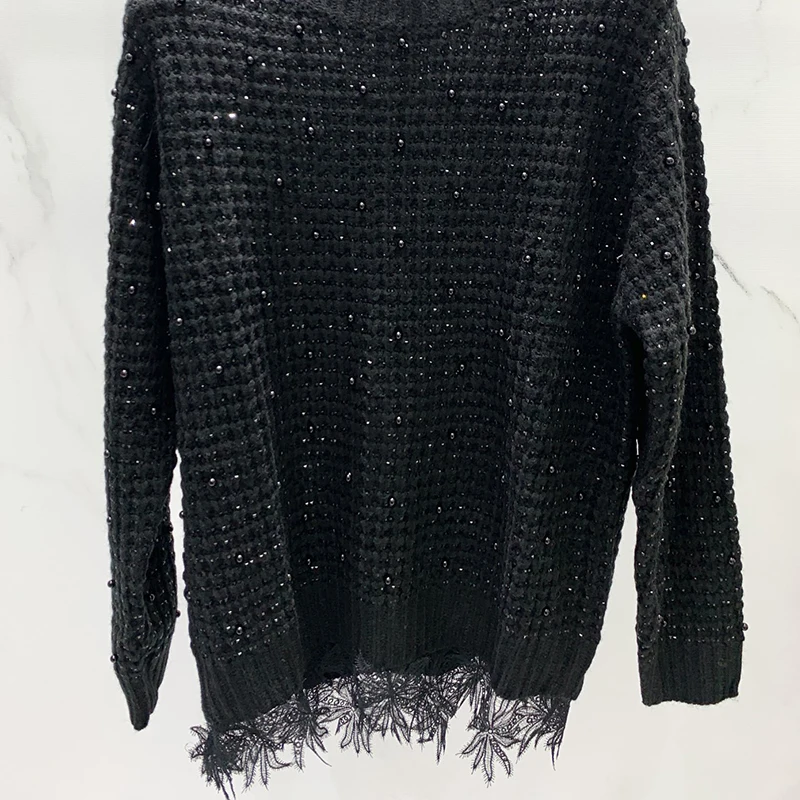 

Fashion Hot Diamond Black Knitting Pullovers 2024 Women New Round Neck Splic Lace Sweaters Causal High End Y2K Clothing Runway