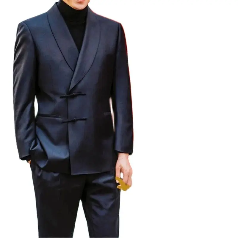 

Navy Blue Chinese Button Shawl Collar Men Suits Blazer Trousers Dinner Party Wear 2pcs Jacket Pants Social Suit Wedding Clothing