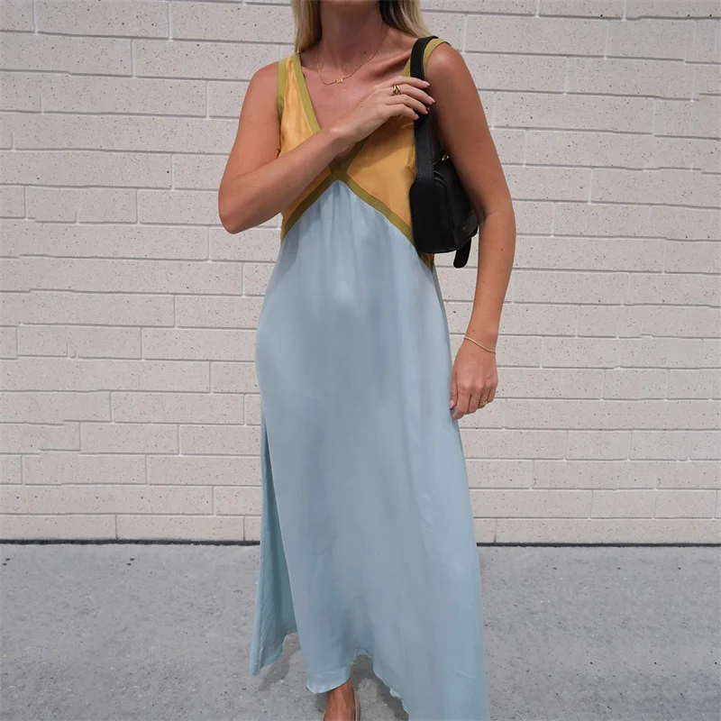 Vestido elegante de verano para mujer, con cuello en V, sin mangas, con patchwork de colores contrastantes, largo y sexy para fiesta de noche.
