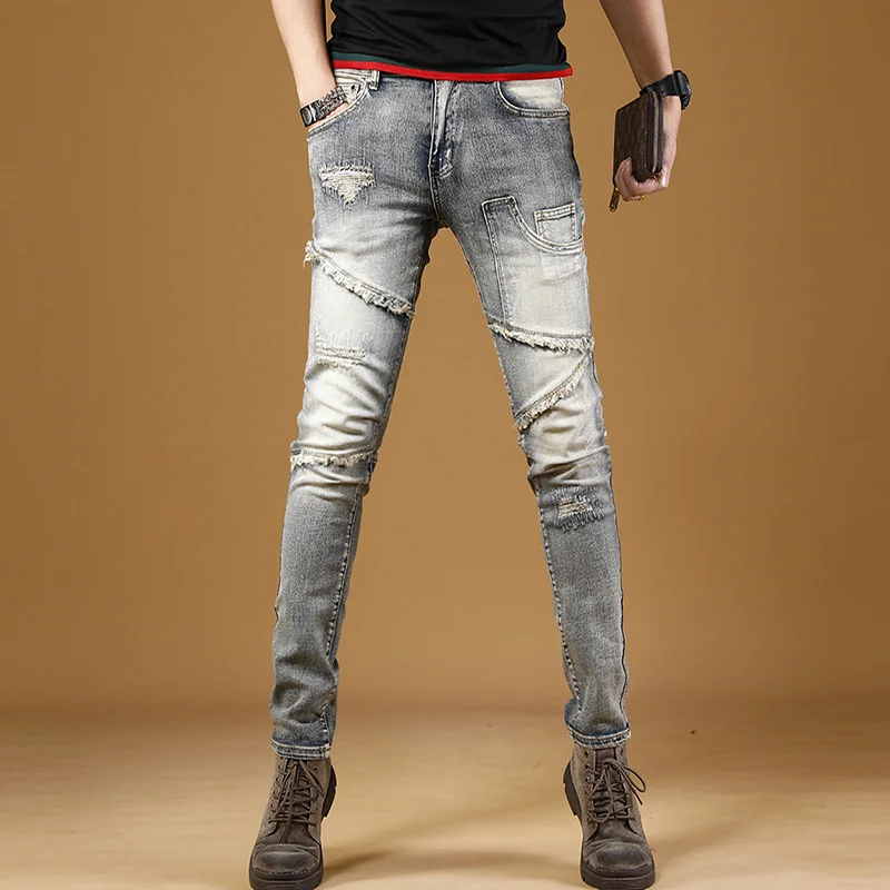 

Light Blue Summer Ripped Jeans Men Streetwear Slim Fit Pencil Pants Casual Patchwork Burr Stretch Denim Trousers