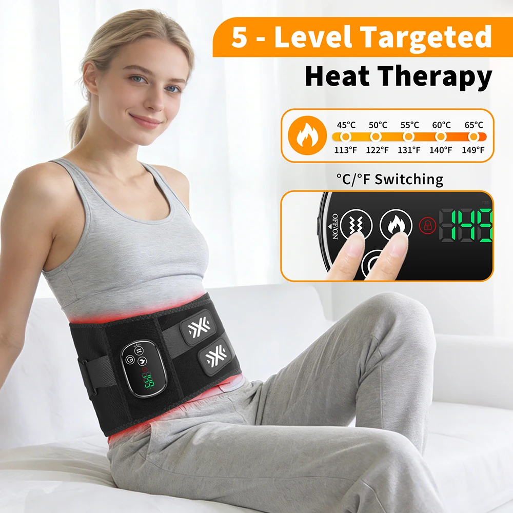 5-Level Electric Heating Waist Belt Dual-Motor Vibration Back Waist Massager Lumbar Support Brace Smart Timer Muscle Relax