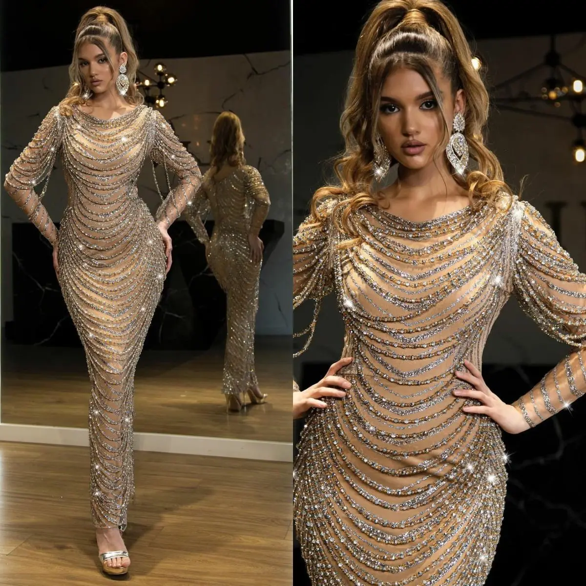 

Luxurious Beading Mermaid Evening Dresses Crystals Long Sleeves Prom Gowns Custom Made Ankle Length Red Carpet Party Dresses