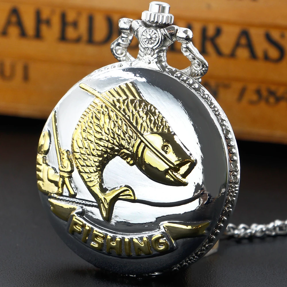 

Luxury Fishing Design Quartz Pocket Watch Fob Gold Fish Pendant Clock 30cm Rough Chain Pocket Gifts for Mens