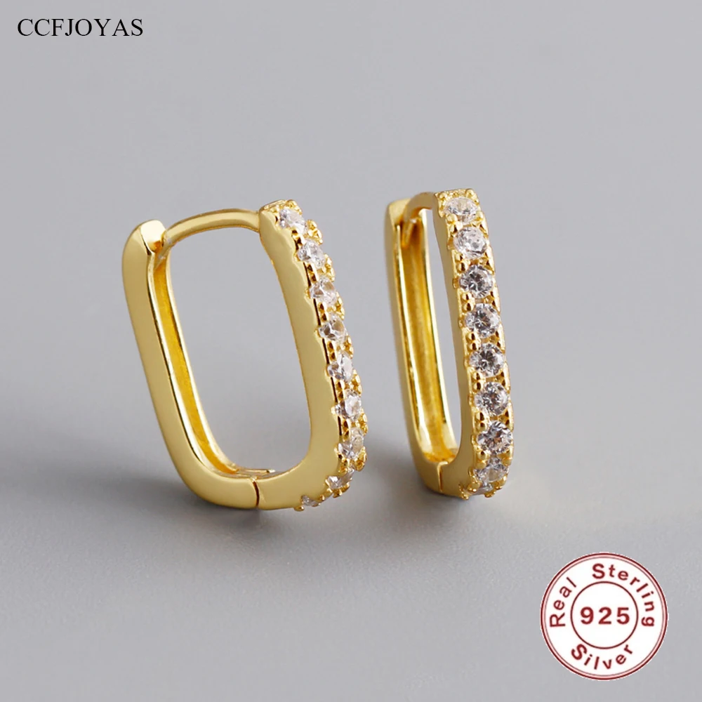 

CCFJOYAS High Quality 925 Sterling Silver Rectangle Hoop Earrings Women Clear Zircon Gold Silver color Earrings Fine Jewelry
