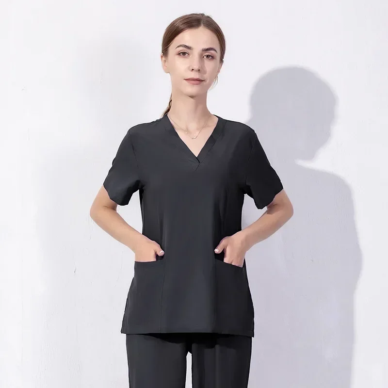 New Stretch Doctor Work Uniform Short Sleeve Nurse Uniform Cosmetic Hospital Top Female Operating Room Hand Gown
