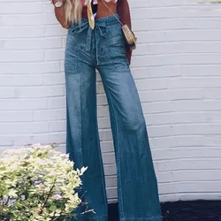 TEELYNN Vintage Wide Leg Denim Pants for Women Casual Lace Up Loose Autumn Pants 2022 Washed Blue Straight High Waist Jeans