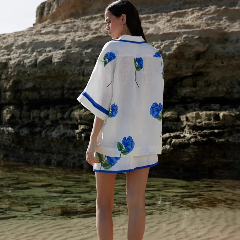 2 piece Skirt Set Women Set Spring Summer Loose Floral Printed Blouse Shirt And Mini A-line Skirts Loose 2 Pes Sets For Female