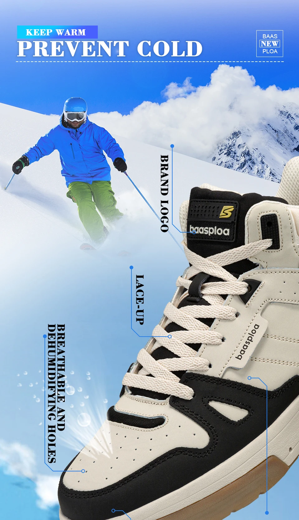 New Baasploa Men's Winter Cotton Shoes Thickened Men's Shoes Outdoor Non-Slip Waterproof Men's Casual Sports Walking Shoes