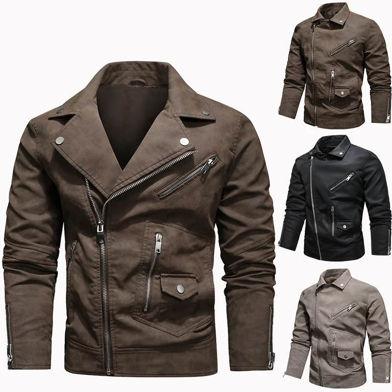 

2023 Autumn Soft Faux Leather Jacket Mens Hip Hop Leather Jackets Male Oversize Streetwear Pockets Diagonal Zipper Coats 3XL