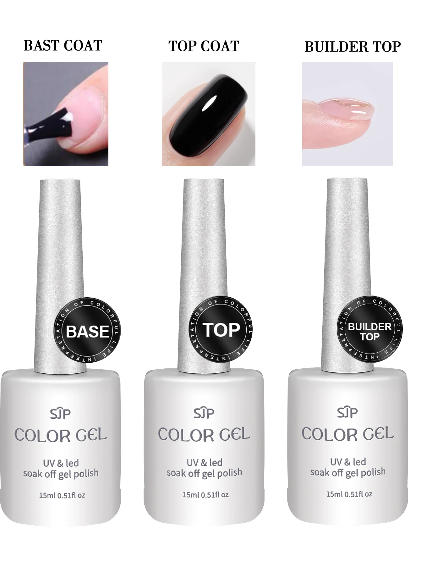 SJP Gel Top Coat set Gel Booster and Base Coat 1 PCS 15ML No Wipe Shiny Clear Combination for UV Light Curing Nail Polish gel nail polish gel nail art set gel nail varnish
