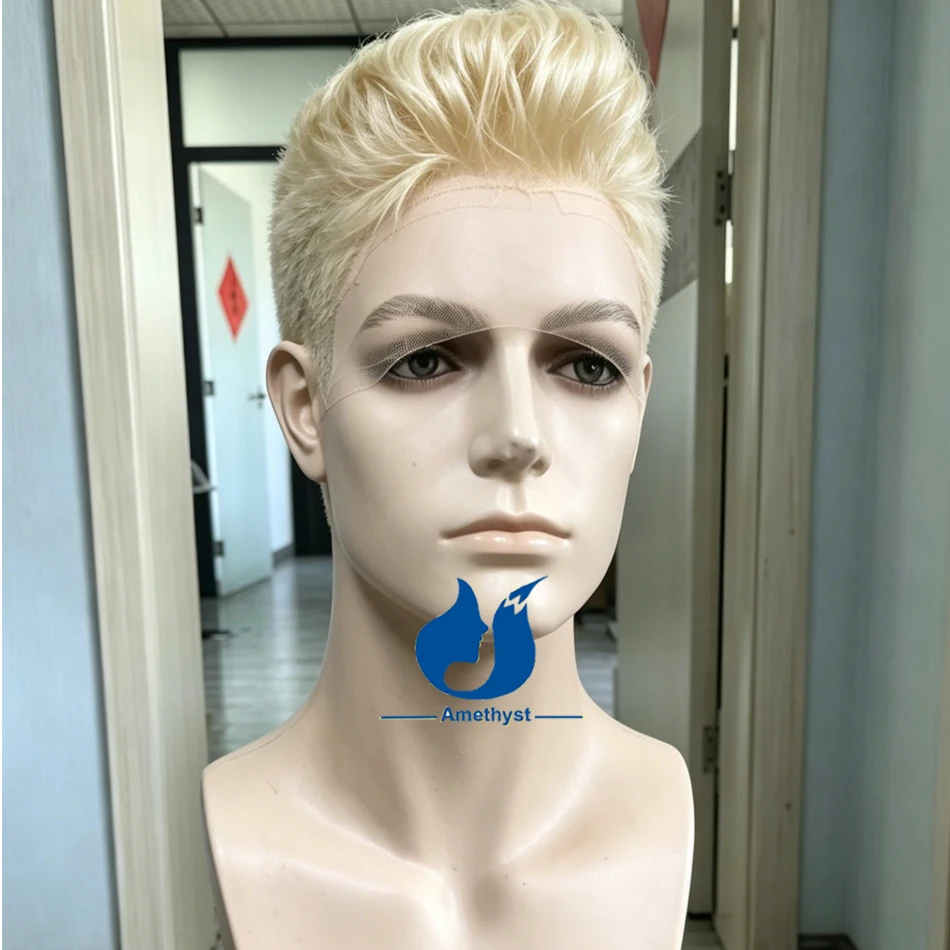 아메시스트 쉐이브드 613 블론드 스트레이트 픽시컷 가발 (남성용) 풀 레이스 인모 브라질리언 프리스타일드 숏 패션 가발