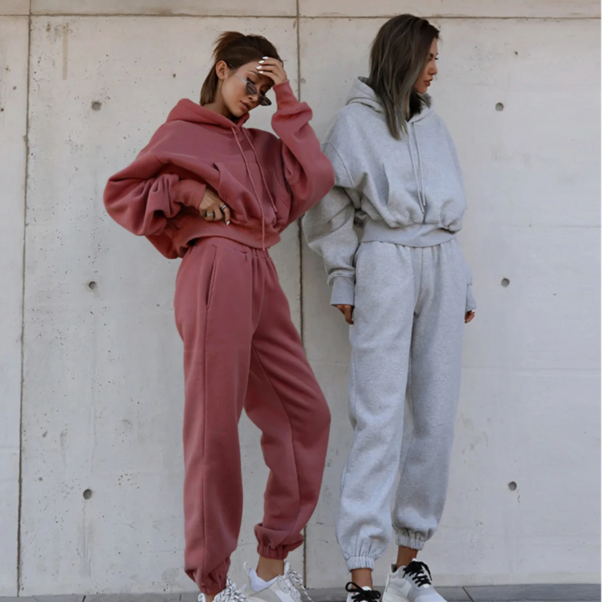 

2024 Spring Women's Suit Grey Hat Drawstring Long Sleeve Hoodies Elastic Waist Long Pants Loose Suits Female Trendy Lady Bottom